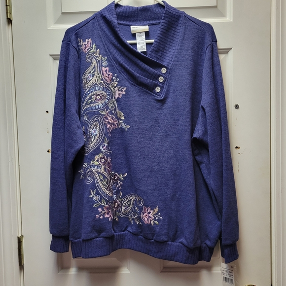 Alfred Dunner Sweaters - Alfred Dunner Blue Paisley Embroidered Cowl-Neck Sweater Size 1X Lightweight